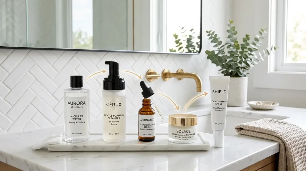 Organized acne skincare routine featuring cleanser, salicylic acid serum, moisturizer, and sunscreen in the correct order.