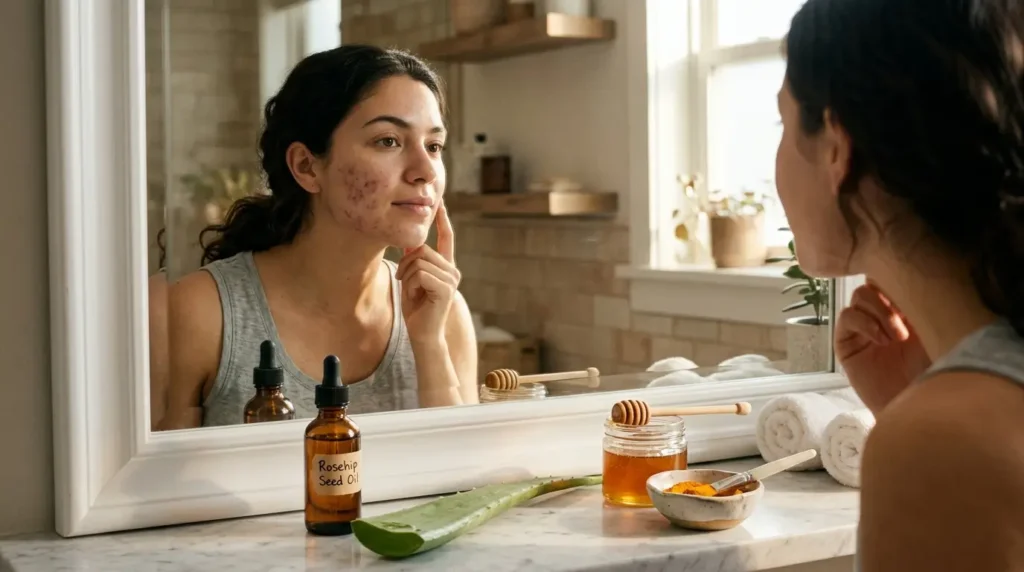 Woman with fading acne marks beside natural remedies like rosehip oil, aloe vera, honey, and turmeric, showing clearer skin progress.