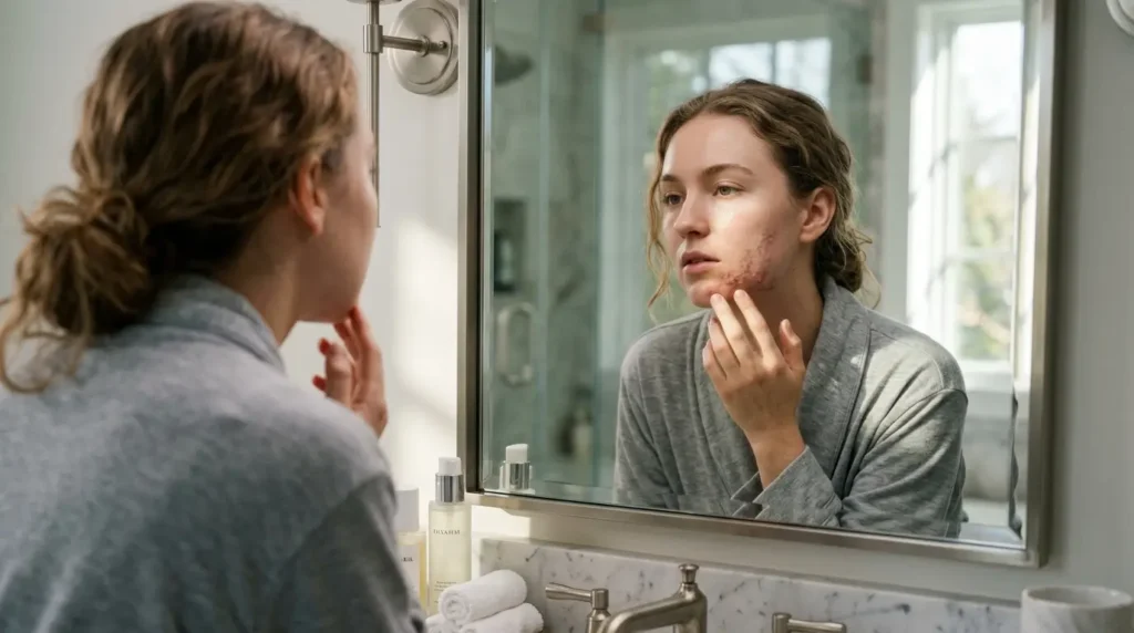 Woman touching hormonal acne on her jawline while healthy, clear skin appears on the other side, showing acne healing progress.