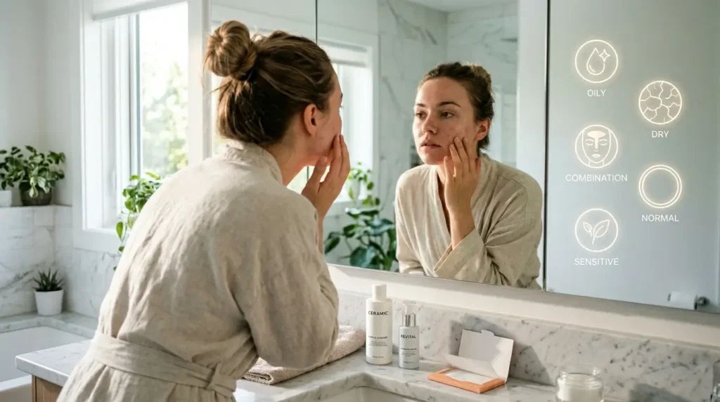 Person examining facial skin in bathroom mirror to identify oily, dry, combination, normal, or sensitive skin type.