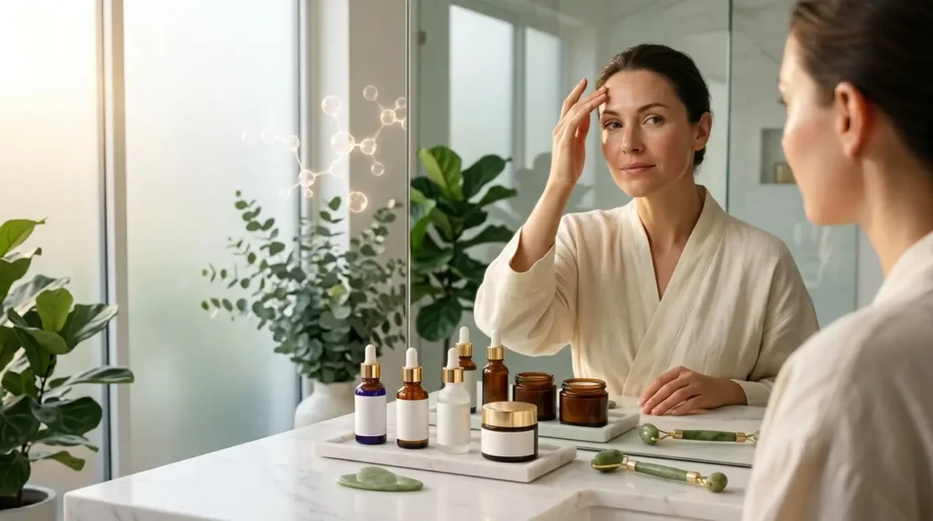 Woman in her 30s examining fine lines with retinol, Vitamin C, peptide serum, hyaluronic acid, moisturizer, sunscreen, and facial tools for an anti-aging skincare routine.