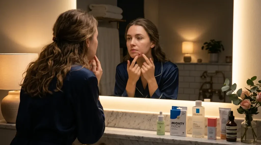 Woman examining a large chin pimple before an important event with spot treatment and pimple patches on the bathroom vanity.