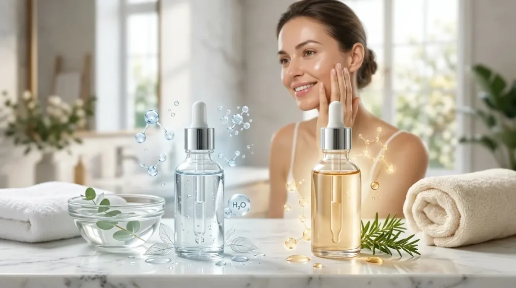 Luxury skincare scene featuring hyaluronic acid and glycerin serum bottles on a white marble countertop, with a woman admiring her hydrated skin in a bright spa-like bathroom.