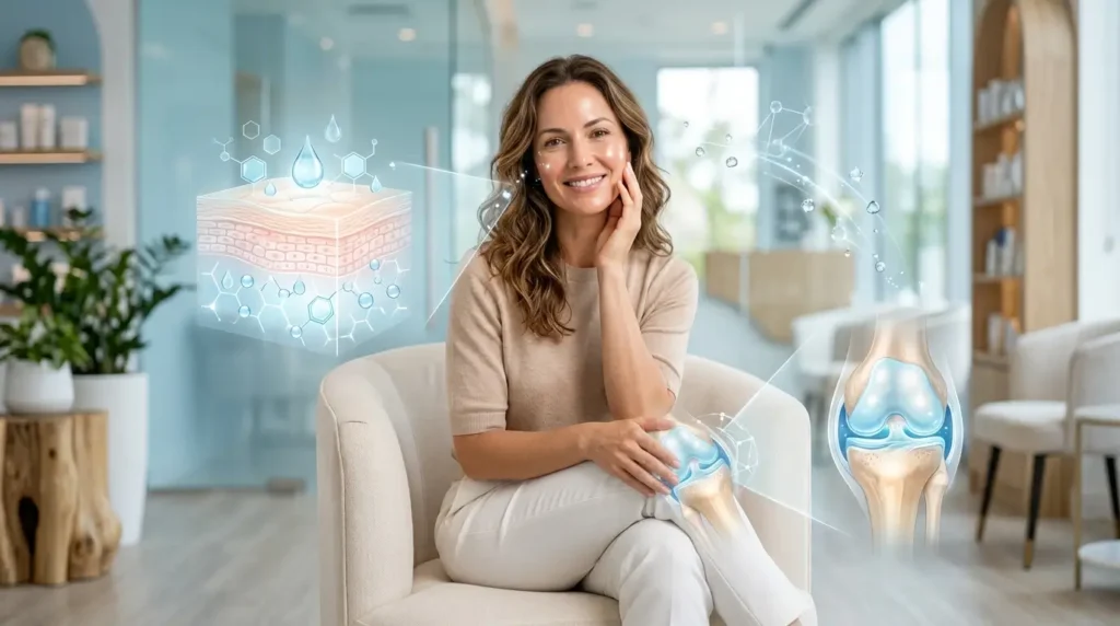 Woman with glowing skin gently touching her face and knee in a modern wellness clinic, with subtle skin and joint hydration visuals symbolizing the benefits of hyaluronic acid.