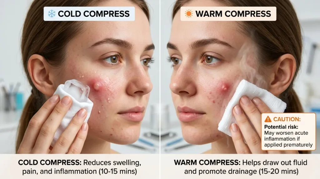 Ice wrapped in a clean cloth applied to a swollen pimple compared with a warm compress to explain proper acne care.