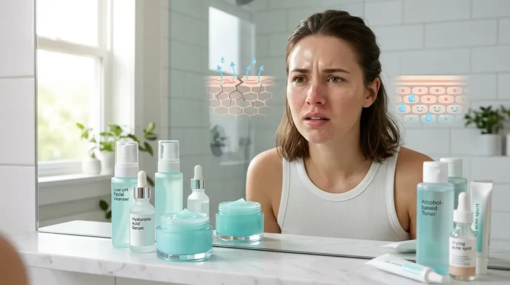 Person with oily, dehydrated acne-prone skin comparing a damaged skin barrier to healthy hydrated skin with a gel moisturizer and hyaluronic acid serum.