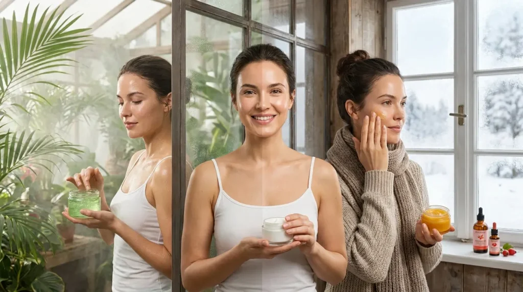 Split-scene showing skincare for humid and dry climates with aloe vera, honey, and rosehip oil for healthy, balanced skin.