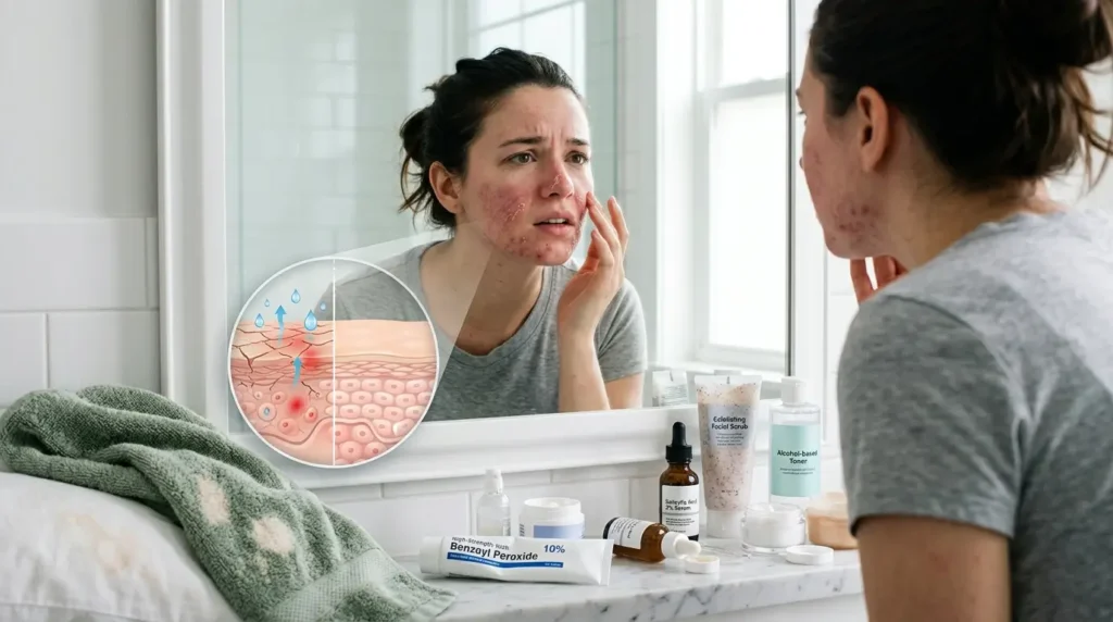 Person with irritated acne-prone skin caused by overusing skincare products, showing a damaged skin barrier and common acne treatment mistakes.