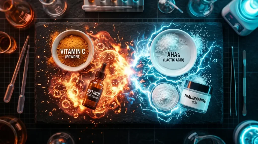 Editorial skincare flat lay with active ingredients and visual contrast between compatible and incompatible products.