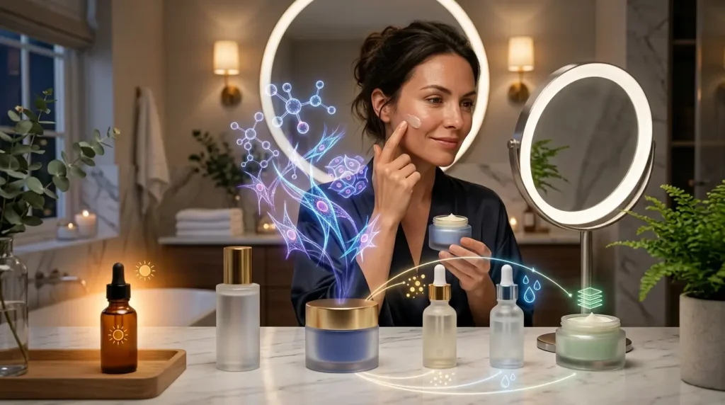 Nighttime skincare routine featuring retinol, niacinamide, hyaluronic acid, ceramide moisturizer, and Vitamin C, illustrating safe retinol ingredient pairing.