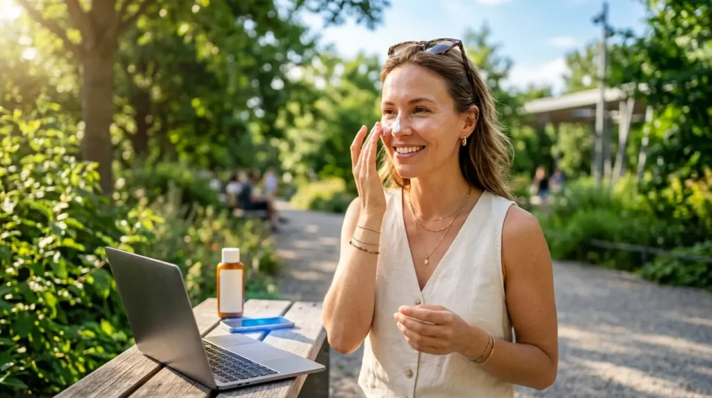 Woman applying sunscreen in a sunny city park with healthy glowing skin, a sunscreen bottle on a bench, and a smartphone and laptop nearby symbolizing UV and blue light protection.