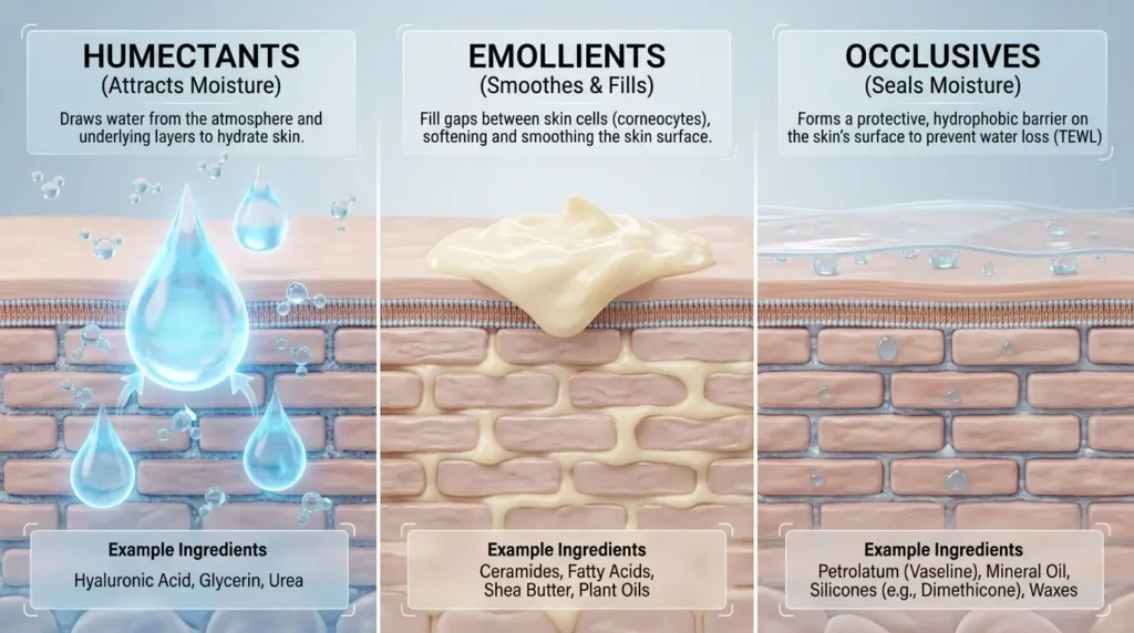 Skin cross-section infographic showing humectants, emollients, and occlusives moisturizing and protecting skin.