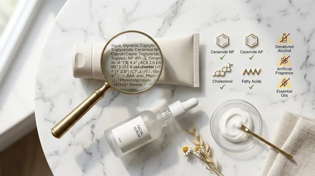 Luxury skincare flat lay with a moisturizer tube, serum bottle, and magnifying glass highlighting the ingredient list on a white marble surface, featuring icons for beneficial and irritating skincare ingredients.
