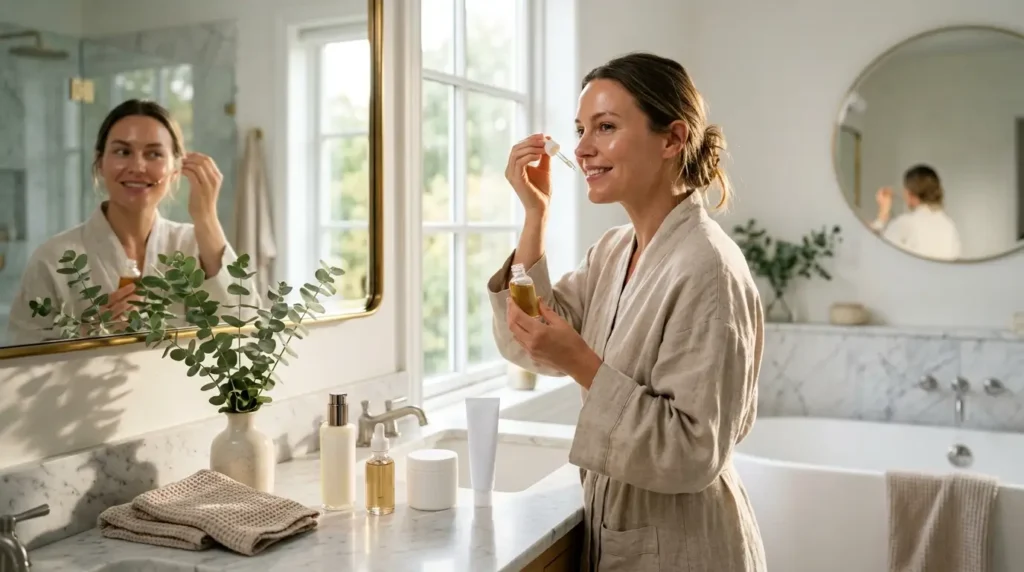 Woman in her 30s applying Vitamin C serum during a morning skincare routine with cleanser, ceramide moisturizer, and SPF 50 sunscreen for glowing skin.