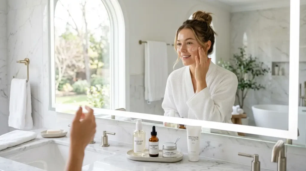 Woman following a morning skincare routine with cleanser, niacinamide serum, moisturizer, and sunscreen for healthy glowing skin.