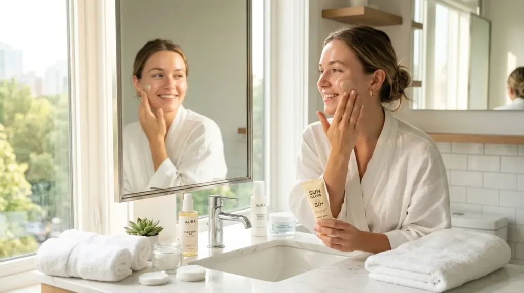 Young adult applying sunscreen after skincare routine in bright sunlit bathroom with glowing skin.