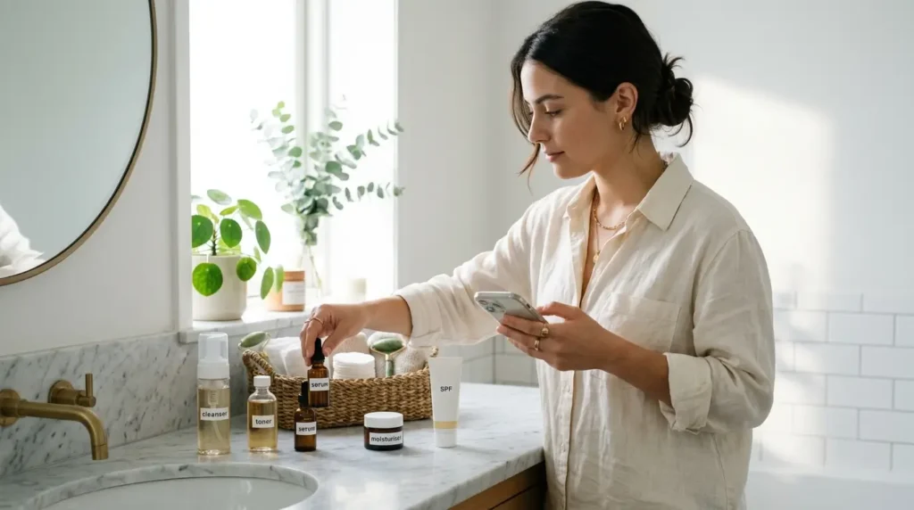 Organized skincare setup on bathroom counter with products arranged in order and person following routine checklist.