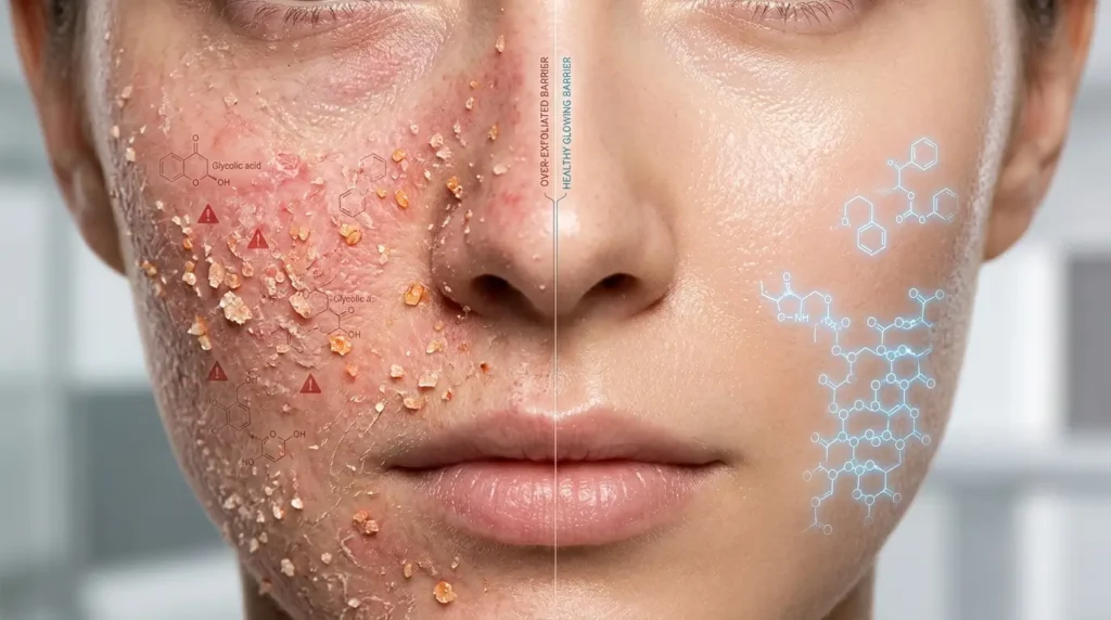 Split-face skincare comparison showing healthy skin versus irritated over-exfoliated skin texture.