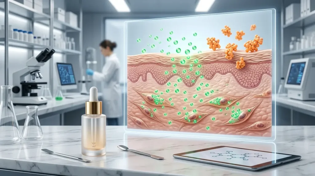 Cosmetic science laboratory illustrating peptide molecules interacting with a human skin cross-section, showing smaller peptides penetrating the skin while larger molecules remain on the surface beside a premium peptide serum.