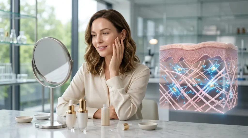 Woman with smooth skin touching her face as a transparent skin cross-section illustrates peptides stimulating collagen and elastin production, with peptide serum bottles displayed on a marble vanity.