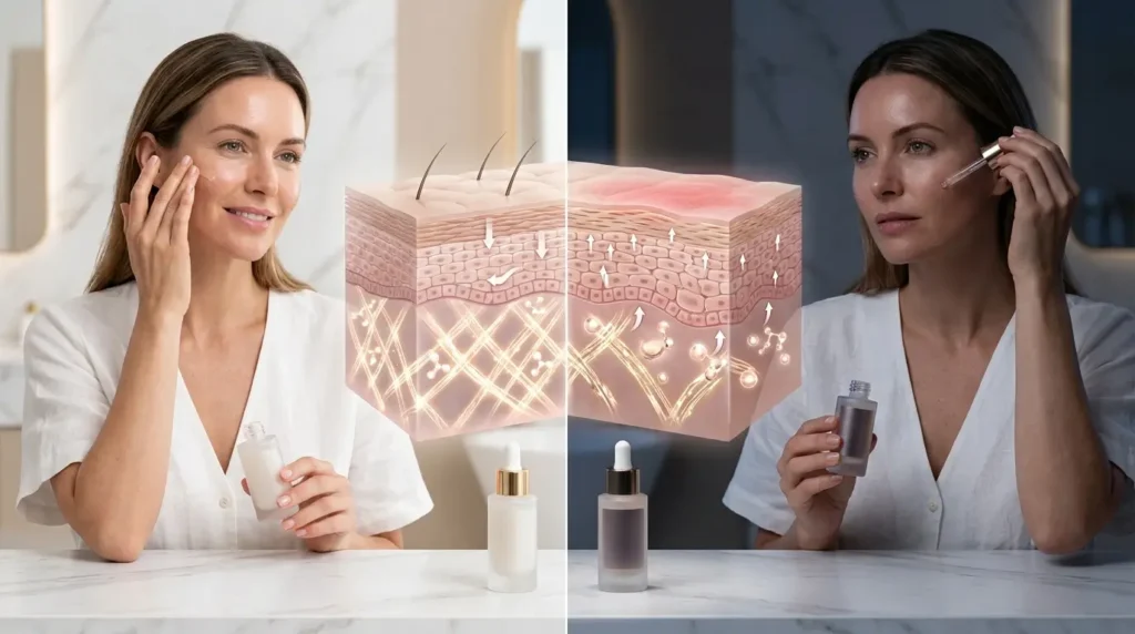 Split-scene dermatology illustration comparing peptide and retinol serums, showing peptides supporting the skin barrier and collagen repair while retinol boosts skin renewal with mild temporary redness.