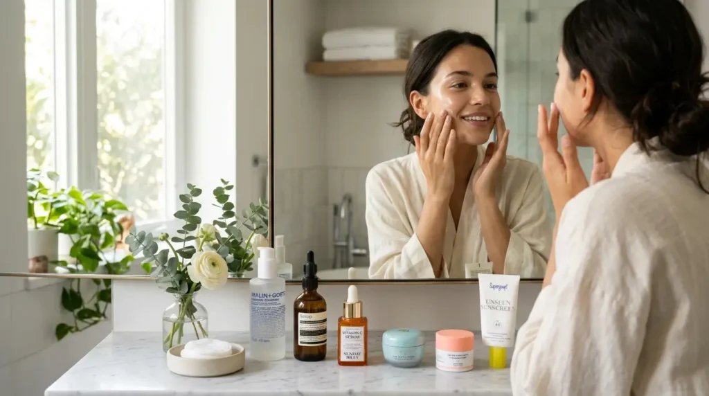 Young person applying skincare in mirror with natural sunlight and neatly arranged products on counter.