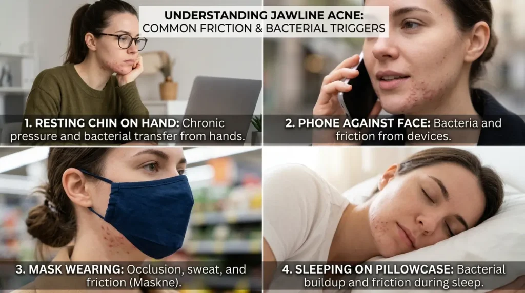 Woman with jawline acne showing common triggers like phone use, face touching, mask wearing, and sleeping on a pillow.