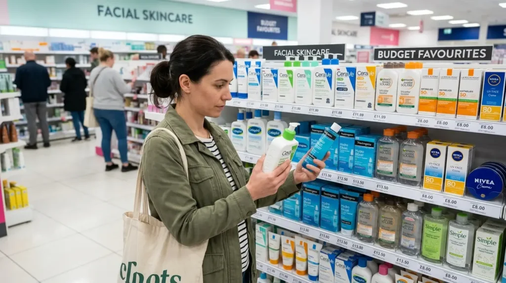 Shopper comparing affordable cleanser, moisturizer, and sunscreen on pharmacy skincare shelf.