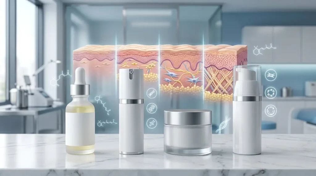 Comparison of retinoids including retinyl palmitate, retinol, retinaldehyde, and tretinoin, showing increasing collagen stimulation and skin renewal.