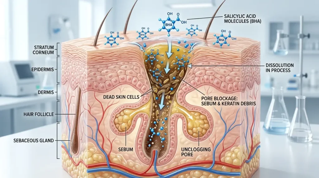 Scientific illustration showing salicylic acid unclogging pores by dissolving excess oil and dead skin cells to treat acne.
