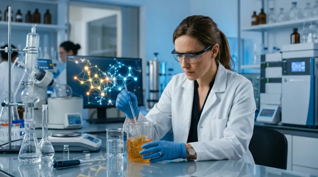 Skincare scientist examining Vitamin C and Niacinamide formulations in a modern cosmetic laboratory with elegant glass beakers, scientific equipment, and abstract molecular visuals.