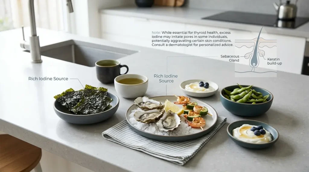 Seaweed snacks and iodine-rich foods displayed in a healthy food arrangement, highlighting their potential link to acne and clogged pores.