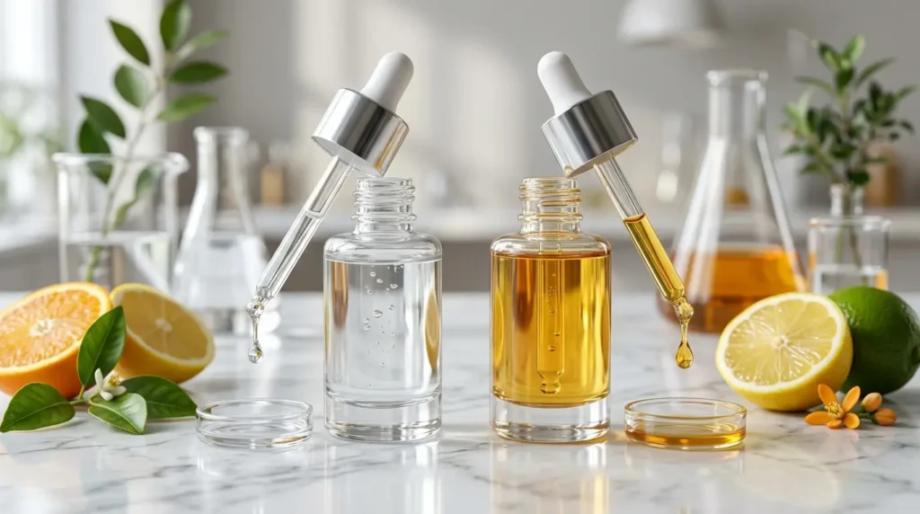 Luxury skincare comparison featuring L-ascorbic acid and THD Ascorbate serum bottles on a white marble surface with fresh citrus, green leaves, and a clean laboratory-inspired setting.