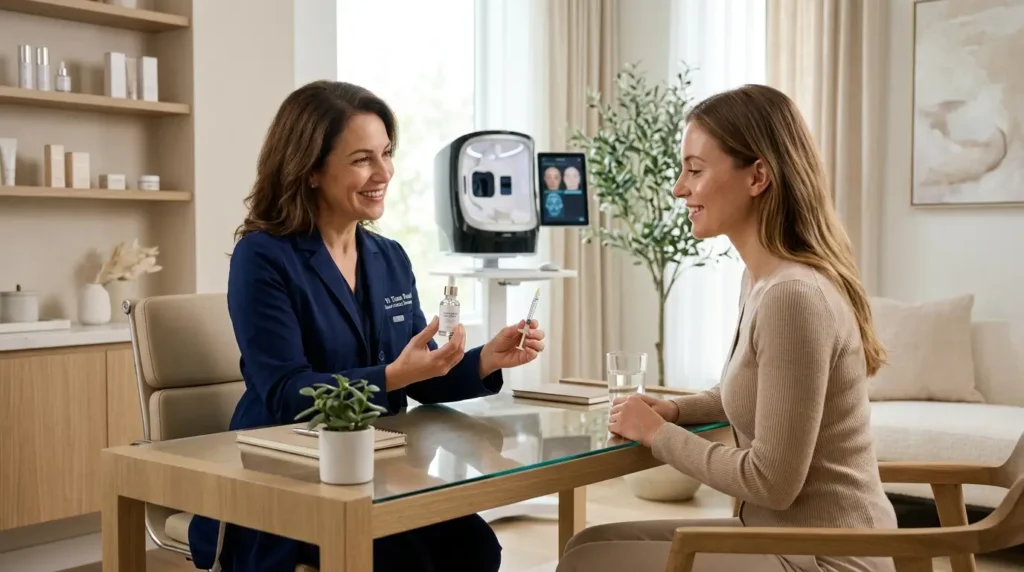 Board-certified dermatologist explaining the difference between a hyaluronic acid serum and a dermal filler to a woman in a modern luxury skincare clinic.