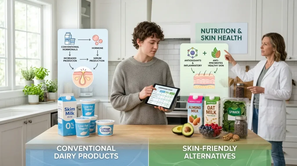 Skim milk and low-fat dairy products compared with skin-friendly alternatives, illustrating the connection between dairy consumption and acne breakouts.