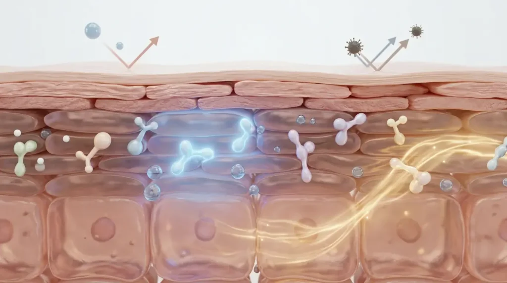 3D scientific illustration of the skin barrier showing ceramides strengthening the lipid layer, locking in moisture, calming irritation, and blocking external irritants with detailed microscopic skin textures.