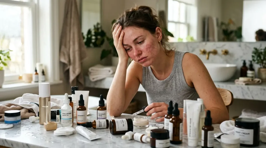 Stressed woman with irritated skin surrounded by multiple skincare products on bathroom counter.