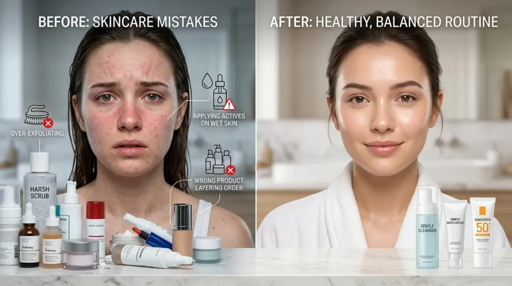 Dermatology skincare comparison showing over-exfoliated skin and healthy skin from proper product use.