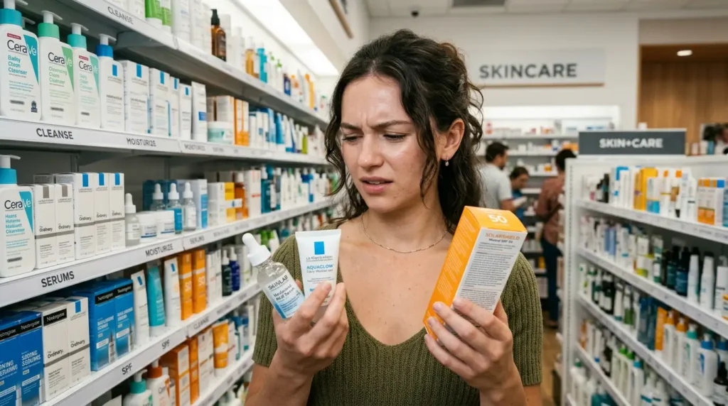 Ultra-realistic cinematic skincare scene inside a modern pharmacy skincare aisle, featuring a confused beginner standing in front of shelves filled with cleansers, moisturizers, serums, and sunscreen bottles. The person holds a few skincare products while comparing labels, showing uncertainty and curiosity. Bright retail lighting, realistic product displays, clean organized shelves, natural skin textures, shallow depth of field, premium commercial photography style, highly detailed facial expressions, professional dermatology-inspired atmosphere, realistic colors, 8K ultra-HD, magazine-quality skincare lifestyle photography.