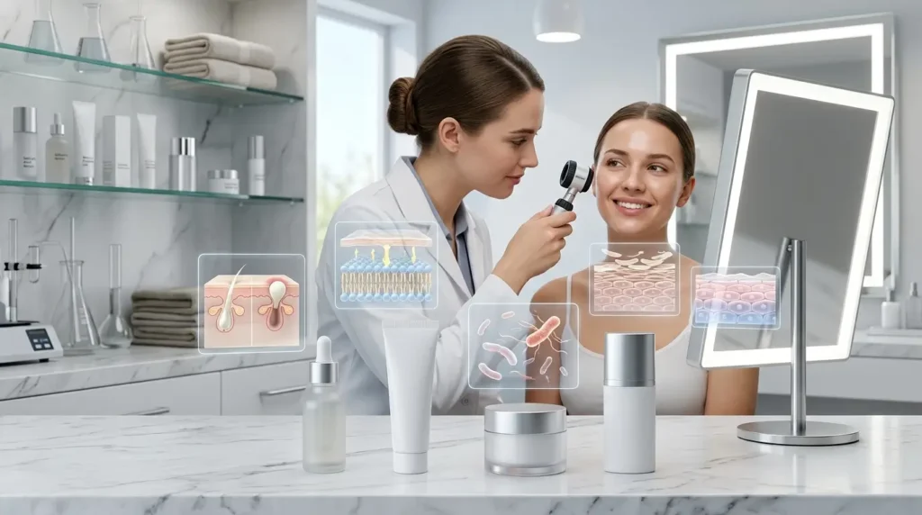 Dermatologist examining clear skin with salicylic acid, benzoyl peroxide, moisturizer, and sunscreen alongside scientific skin barrier and pore illustrations.
