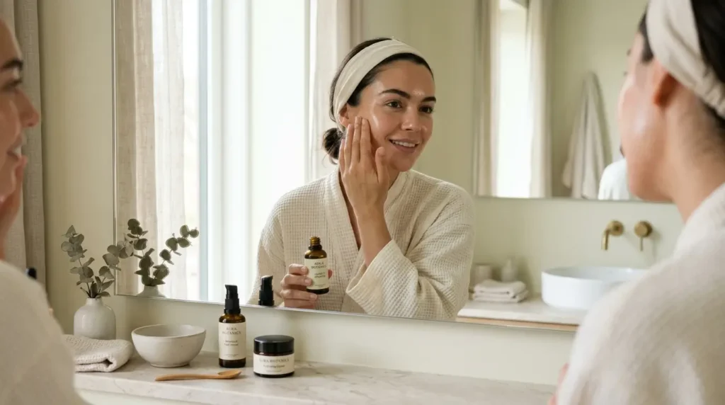 Woman applying jojoba oil to her face during a natural skincare routine for healthy, glowing skin.