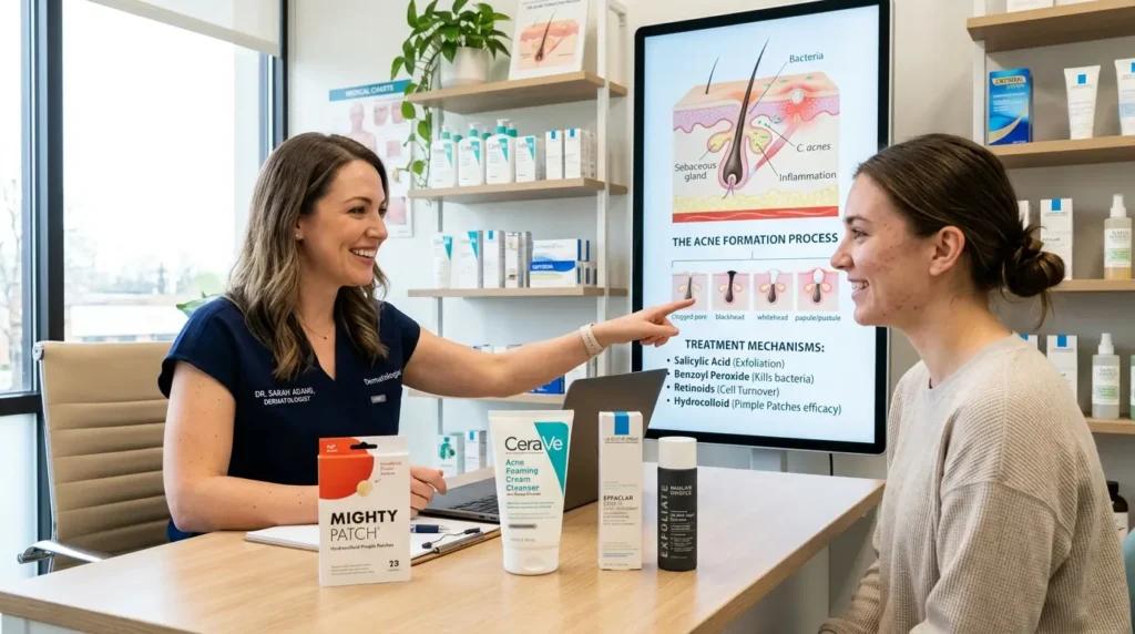 Dermatologist displaying acne treatment products, pimple patches, and spot treatments with educational skincare graphics.