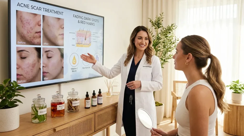 Dermatologist explaining natural acne scar treatments and products to help fade dark spots and post-acne marks.