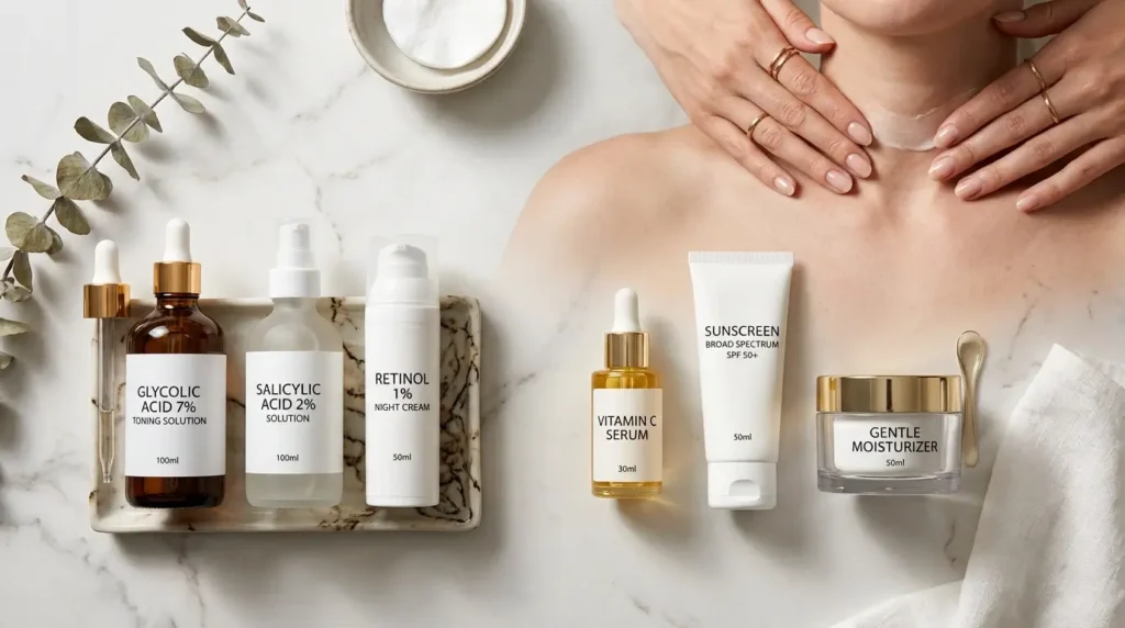 Luxury skincare flat lay with exfoliating products, sunscreen, moisturizer, and Vitamin C serum on a white marble countertop, while hands apply moisturizer to the neck to highlight a proper anti-aging routine.