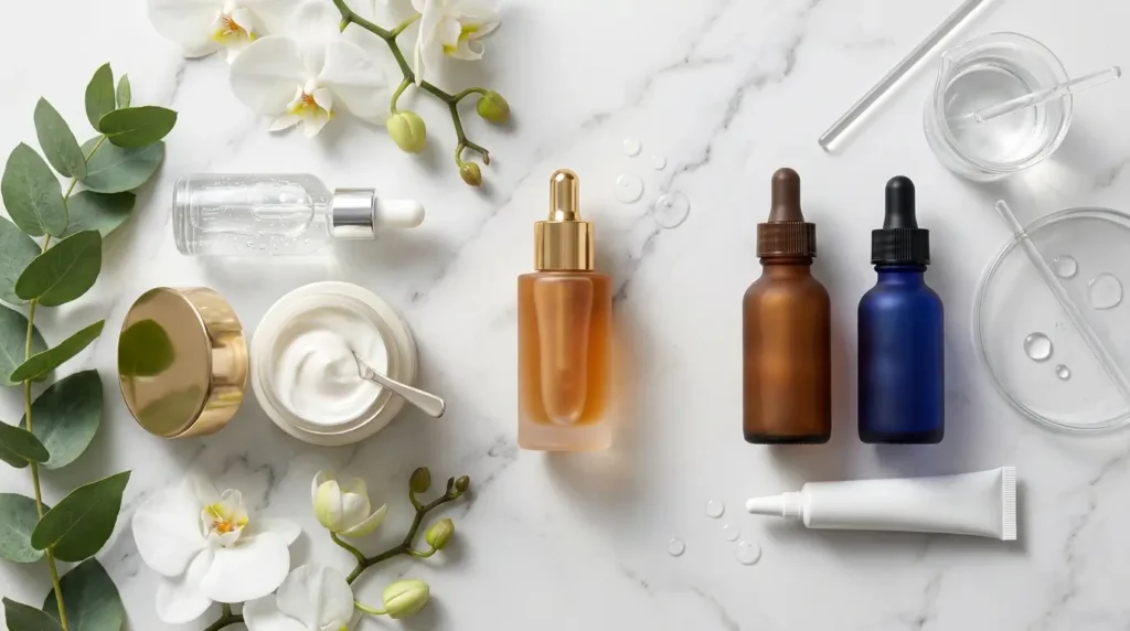 Luxury flat lay of a glycolic acid serum surrounded by compatible hyaluronic acid and ceramide products, with vitamin C, retinol, and benzoyl peroxide serums placed separately on a white marble surface.