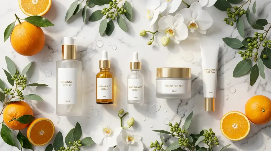 Luxury flat lay of a morning skincare routine featuring cleanser, Vitamin C serum, niacinamide serum, ceramide moisturizer, and sunscreen on a white marble countertop with fresh oranges, eucalyptus, orchids, and soft morning light.