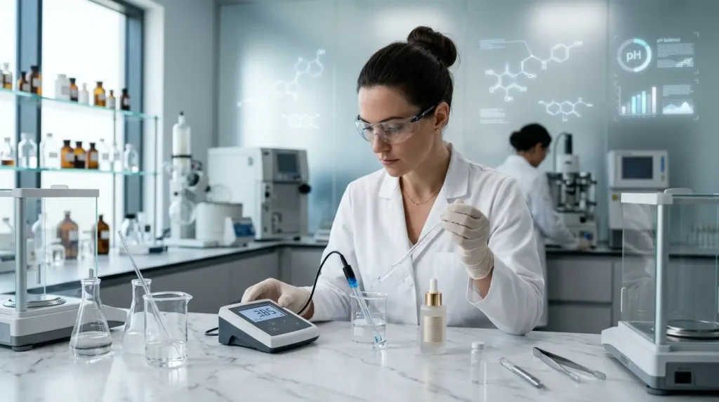 Professional skincare formulator testing a glycolic acid serum in a modern cosmetic laboratory with precision glassware, digital pH meter, and elegant serum bottle on a white marble bench.
