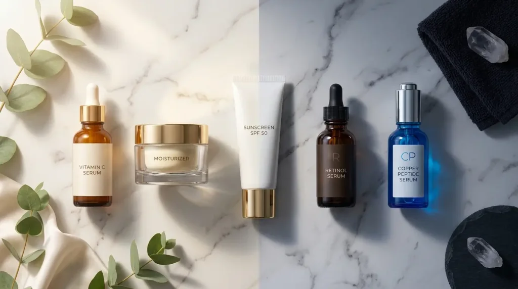 Luxury flat lay of Vitamin C serum, retinol, copper peptide serum, moisturizer, and sunscreen arranged on a white marble surface to illustrate a morning and nighttime skincare routine.