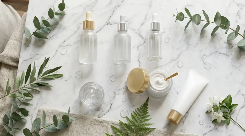 Luxury flat lay of niacinamide, Vitamin C, hyaluronic acid, retinol, moisturizer, and sunscreen on a white marble surface with botanical accents and soft natural light.