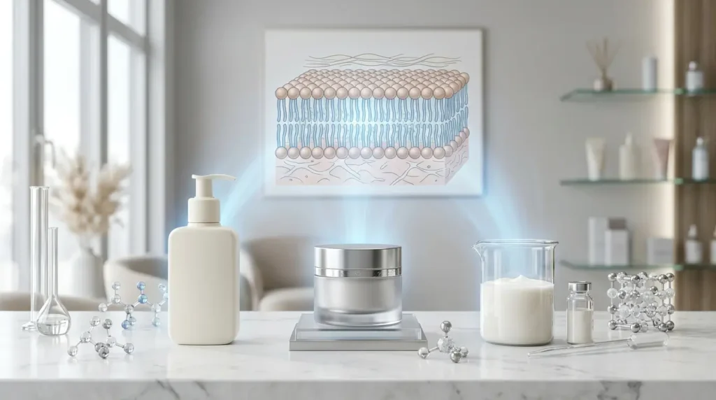 Luxury skincare comparison featuring affordable, premium, and professional ceramide products on a white marble countertop with cosmetic laboratory elements, illustrating skin barrier repair through formulation rather than price.